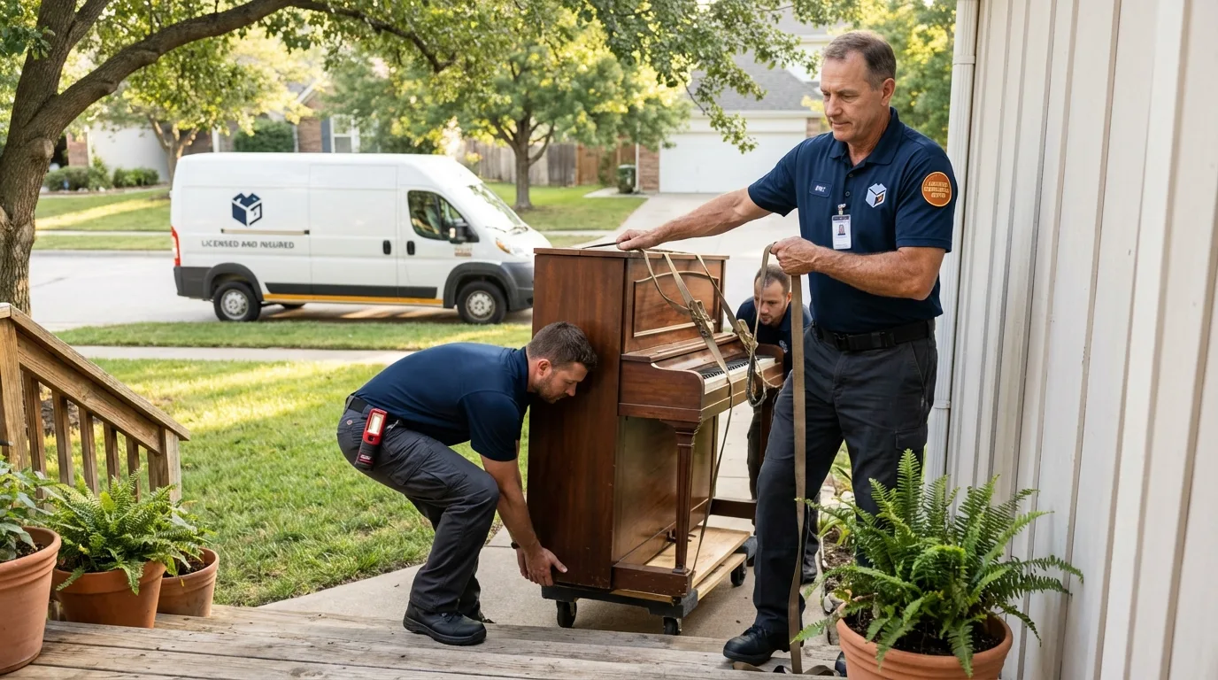 Licensed piano movers securing grand piano in Fonda, NY