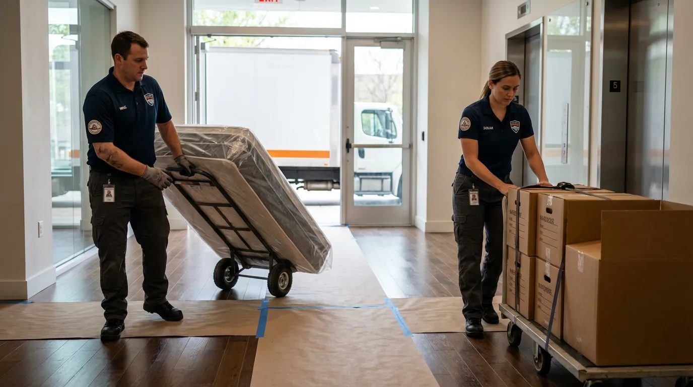 Professional apartment movers loading elevator in Fonda, NY